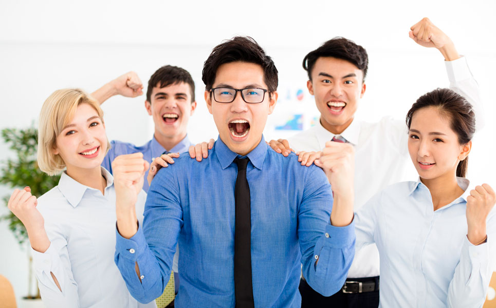 Team of employees excited to go out and sell